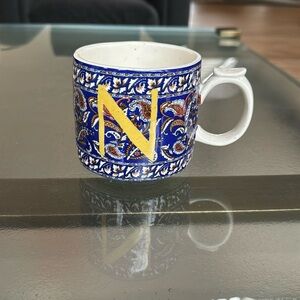 Anthropologie “N” Blockprint Mug NWOT